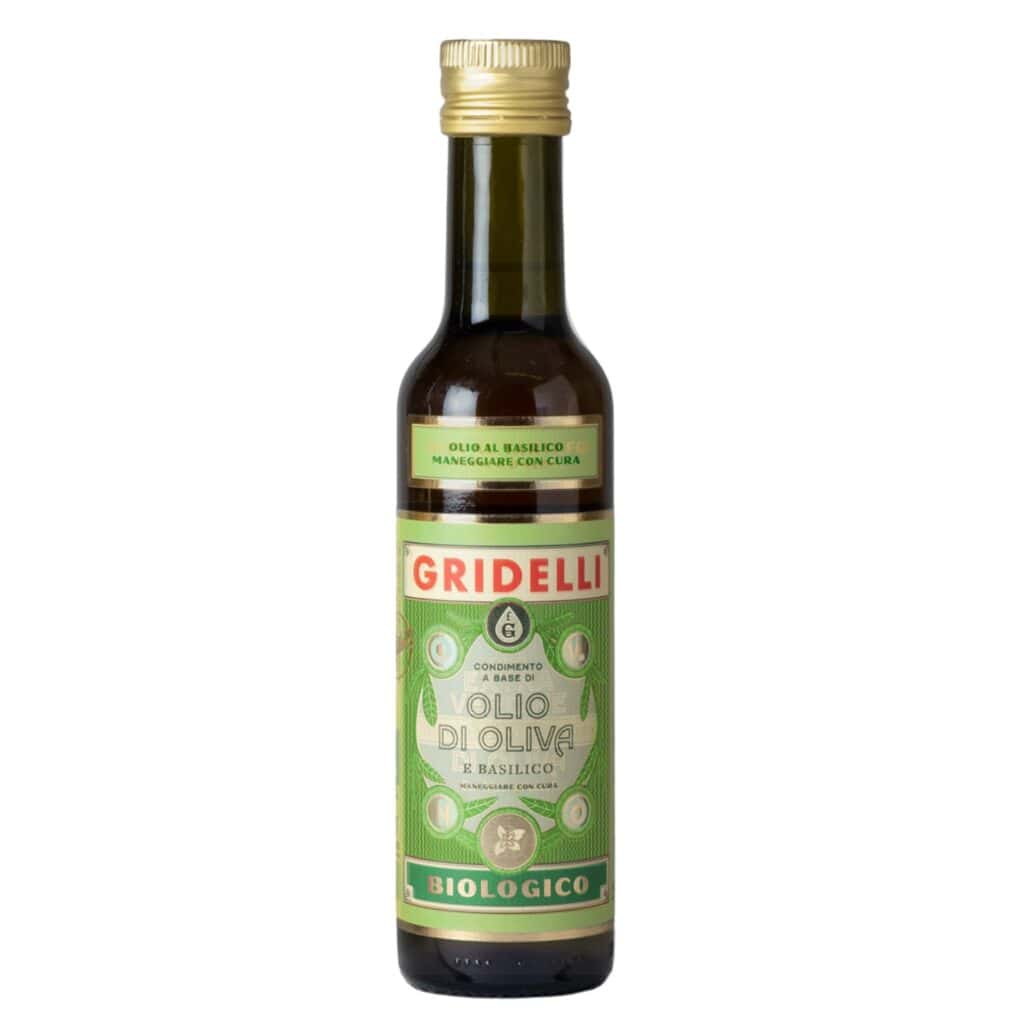 Ekologisk olivolja med basilika från Gridelli, i glasflaska på 250 ml.