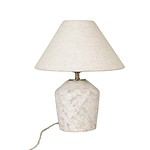 Bordslampa Bodil i beige marmorering med en linnefärgad lampskärm, från Strömshaga.
