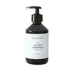 Aleppo Shampo Cottone Pulito från Gröna Gredelina - ekologiskt schampo i en mörk pumpflaska med vit etikett.