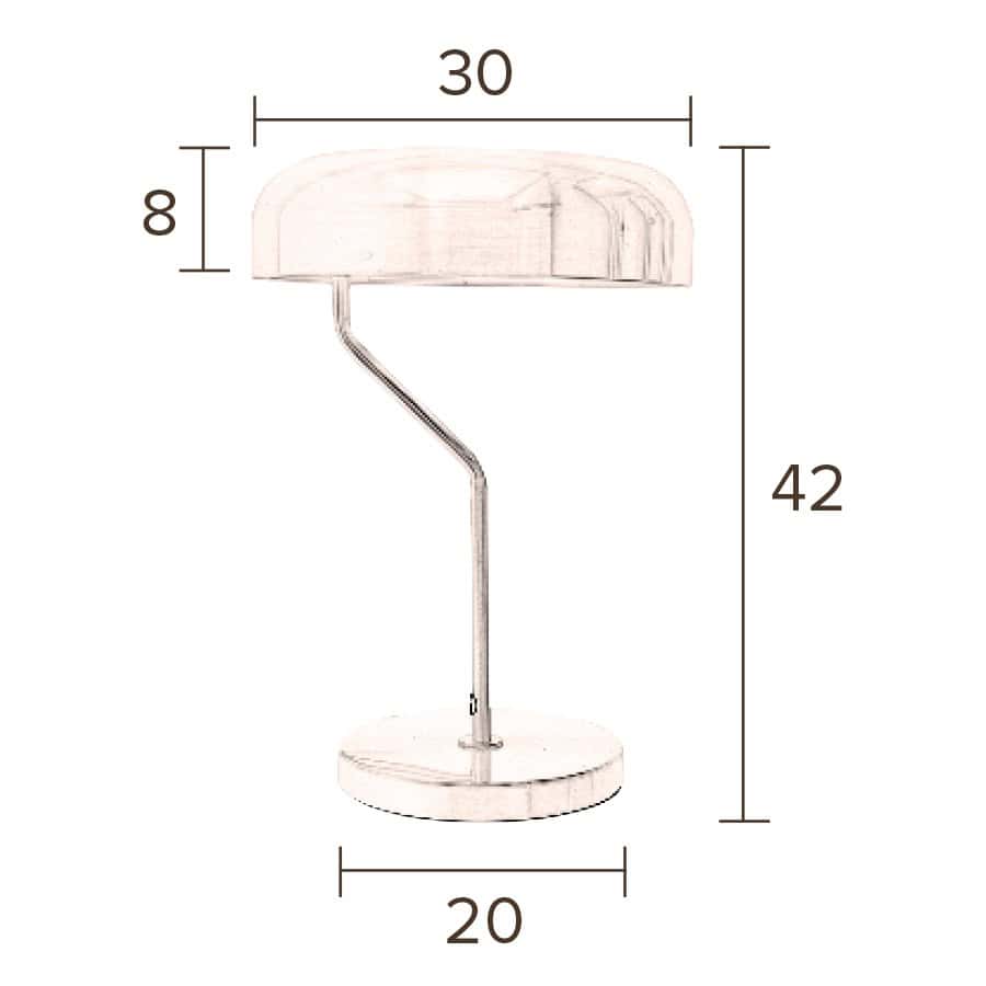 Måttillustration av bordslampan ECLIPSE från Dutchbone, som visar höjd 42 cm, skärmens diameter 30 cm, och basens diameter 20 cm.