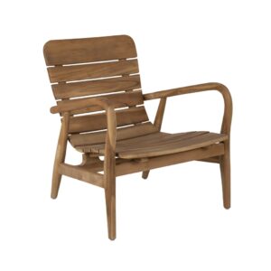Loungefåtölj i naturlig teak med breda träslanor och rundade armstöd, designad för utomhusbruk i trädgård eller på uteplatsen.