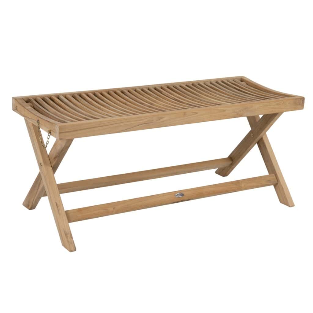 Turin bänk i teak från Brafab – en stilren och hopfällbar trädgårdsbänk med ribbad sits, perfekt för uteplatsen, balkongen eller trädgården.
