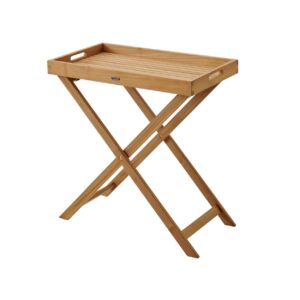 Brickbord i teak hög modell från Brafab med fällbara ben och löstagbar bricka – perfekt för uteplatsen
