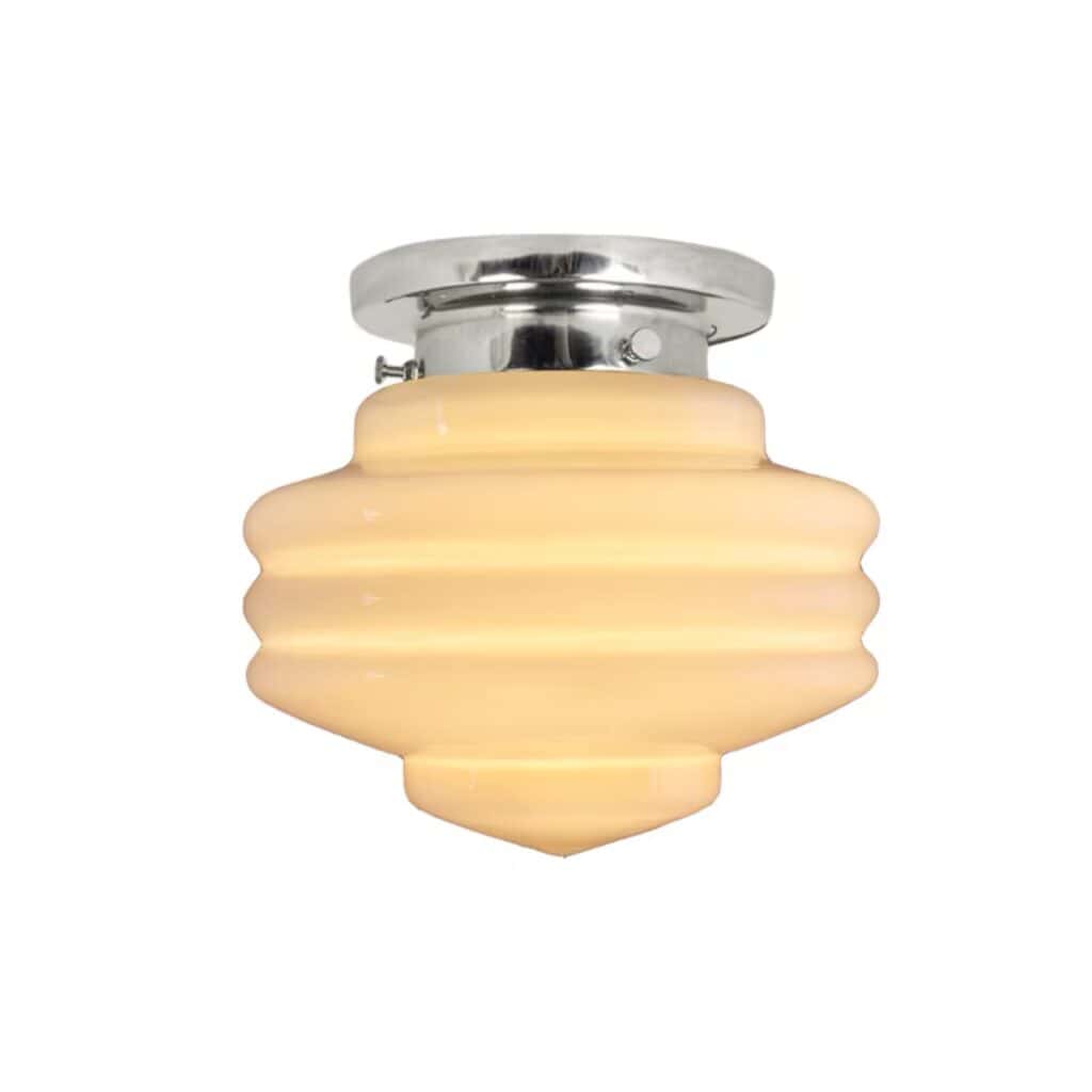 Badrumslampa nickel opal beige tänd – Valter från Strömshaga med varm belysning