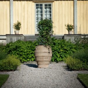 Stor terrakottaurna TALIA med grön växt placerad i trädgård