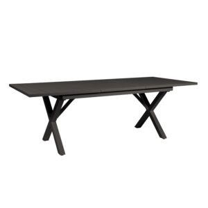 Hillmond matbord i svart aluminium från Brafab med utdragbar skiva och stilrent X-format underrede. Perfekt för både stora middagar och mysiga trädgårdssammankomster.