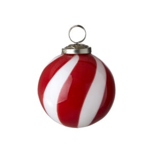 Handgjord julgranskula i glas, rödvit spiraldesign, CIRCUS från Hemlängtan.