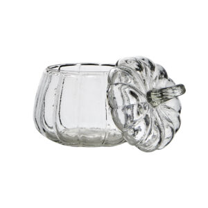 Liten klar glasskål i form av pumpa med locket bredvid – PUMPKIN från Affari of Sweden.