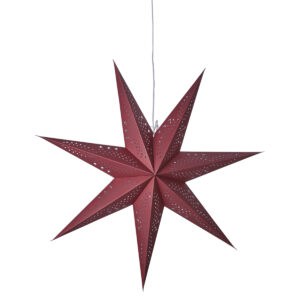 Röd julstjärna UNI i papper med dekorativt hålmönster, släckt.