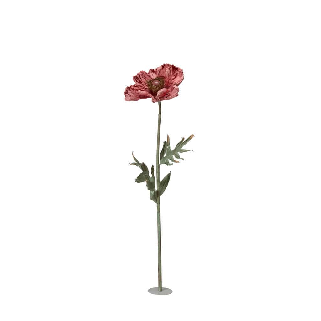 Blomma vallmo stor rosa i papper och järn, 140 cm hög, fristående dekoration.
