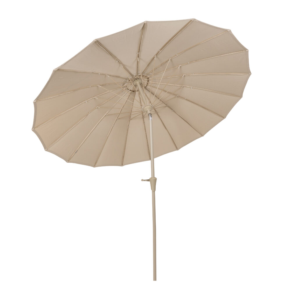 Parasoll 250 cm beige undersida med synliga ribbor och metallstång