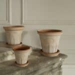 Bergs Potter Fleur krukor med fat i rosa terrakotta på stenhylla