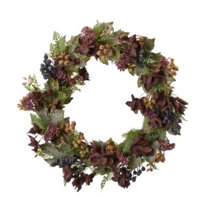 Konstgjord höstkrans med hortensia, gröna blad och bär i vinröda toner, 45 cm